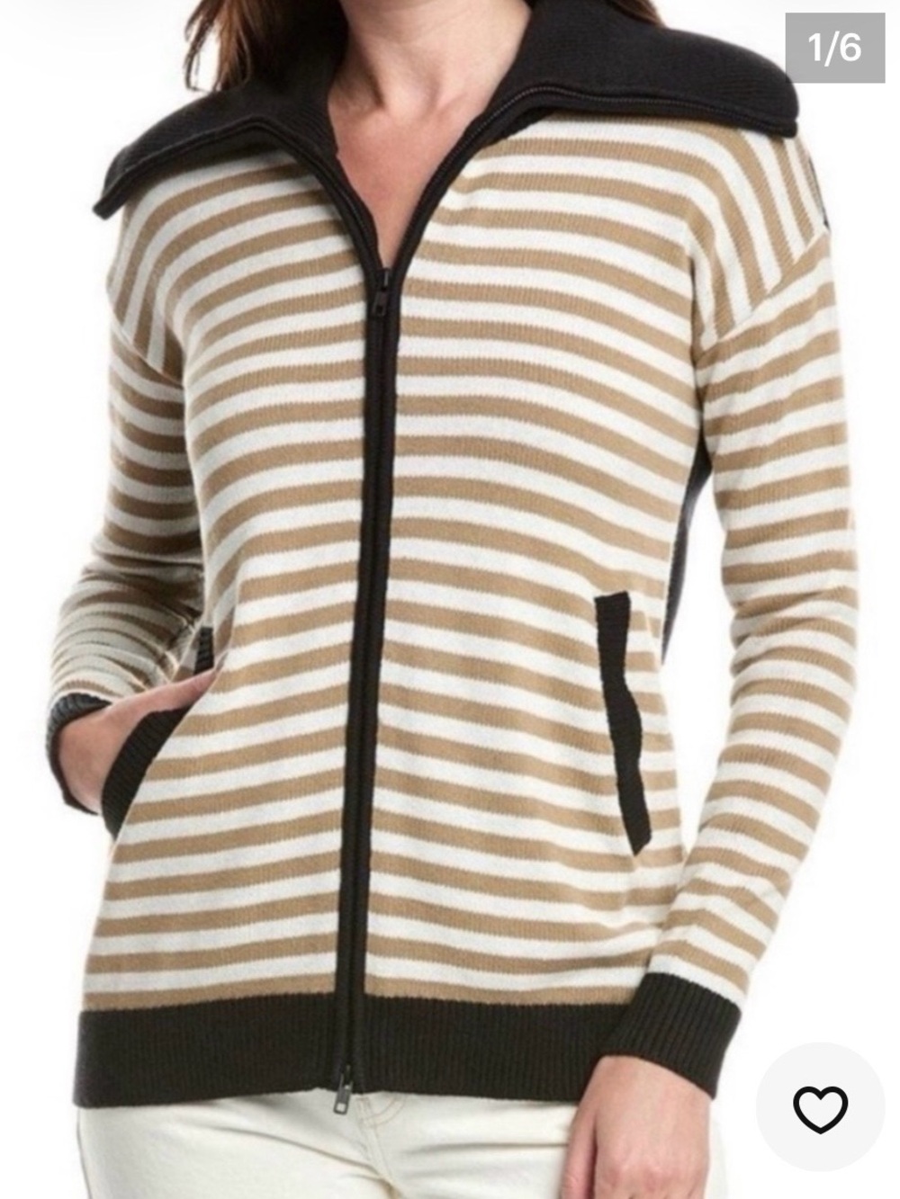CAbi new XS Mascot 6488 Striped Zipper Cardigan - Tan, White & Black Trim